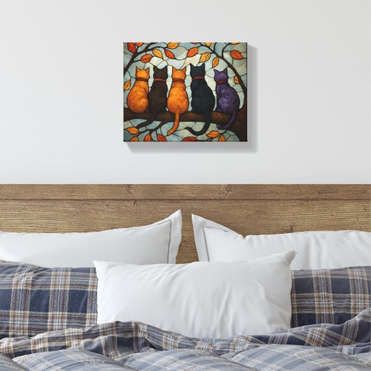Five Cats on a Tree Branch Stained Glass Style Canvas Afdruk (Insitu (Slaapkamer))