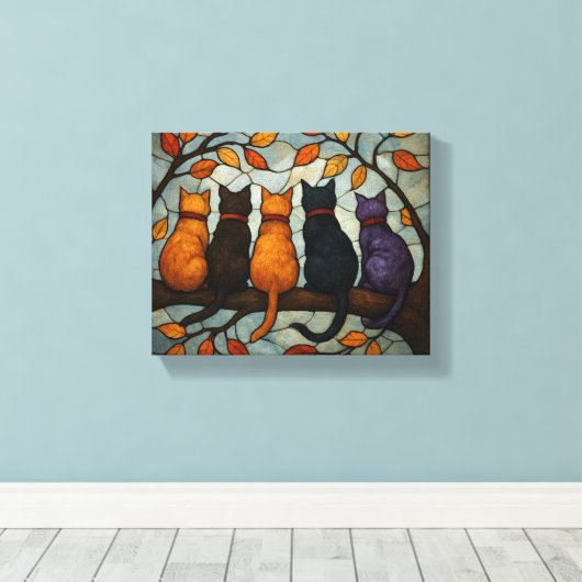 Five Cats on a Tree Branch Stained Glass Style Canvas Afdruk (Insitu (Houten vloer))