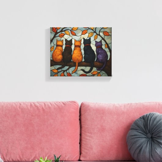 Five Cats on a Tree Branch Stained Glass Style Canvas Afdruk (Insitu (Woonkamer))