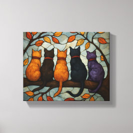 Five Cats on a Tree Branch Stained Glass Style Canvas Afdruk