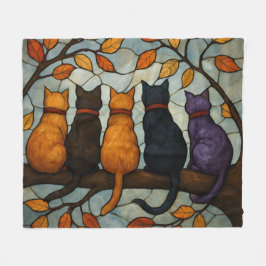 Five Cats on a Tree Branch Stained Glass Style Fleece Deken