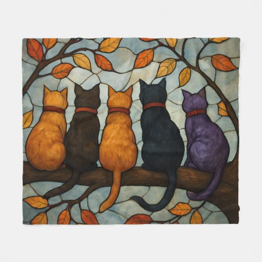 Five Cats on a Tree Branch Stained Glass Style Fleece Deken (Voorkant (Horizontaal))