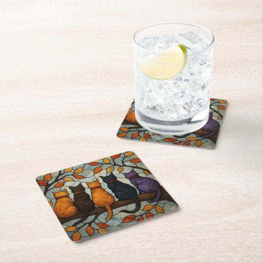 Five Cats on a Tree Branch Stained Glass Style Kartonnen Onderzetters (Insitu)