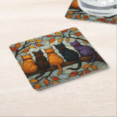 Five Cats on a Tree Branch Stained Glass Style Kartonnen Onderzetters (Schuin)