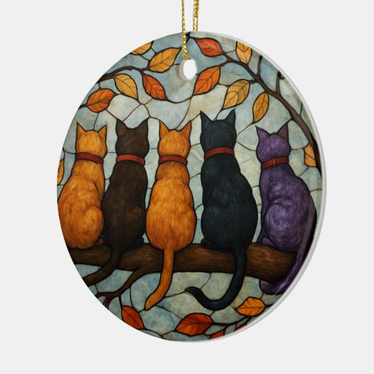 Five Cats on a Tree Branch Stained Glass Style Keramisch Ornament (Links)