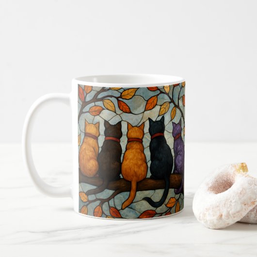 Five Cats on a Tree Branch Stained Glass Style Koffiemok (Met donut)
