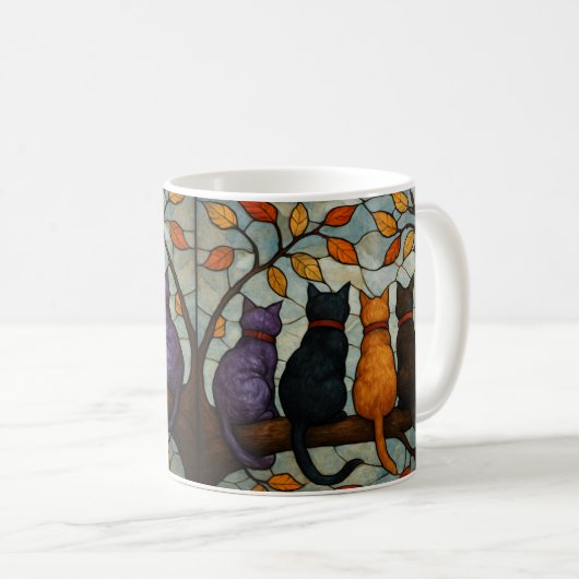 Five Cats on a Tree Branch Stained Glass Style Koffiemok (Voorkant rechts)