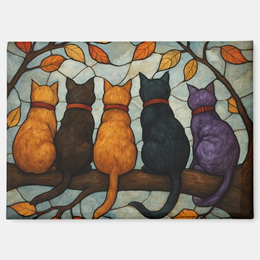 Five Cats on a Tree Branch Stained Glass Style Magneet (Voorkant)