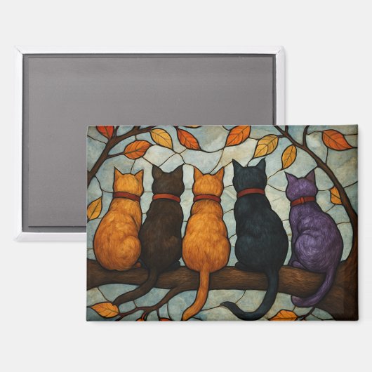 Five Cats on a Tree Branch Stained Glass Style Magneet (Voorkant / Achterkant)