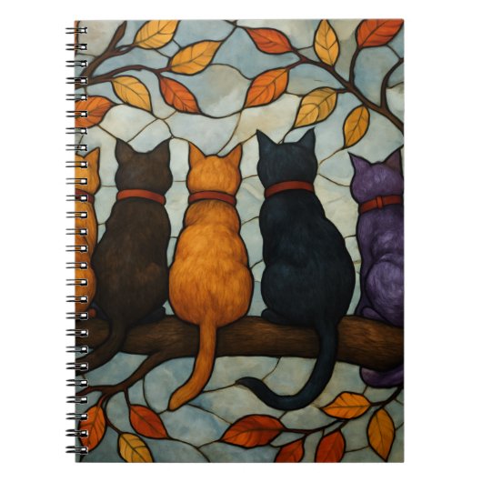 Five Cats on a Tree Branch Stained Glass Style Notitieboek (Voorkant)