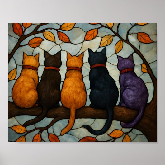 Five Cats on a Tree Branch Stained Glass Style Poster (Voorkant)