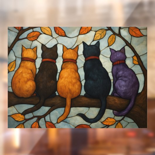 Five Cats on a Tree Branch Stained Glass Style Raamsticker (Vel 2)