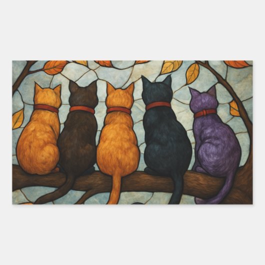 Five Cats on a Tree Branch Stained Glass Style Rechthoekige Sticker (Voorkant)