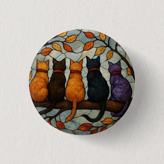 Five Cats on a Tree Branch Stained Glass Style Ronde Button 3,2 Cm (Voorkant)
