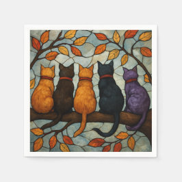 Five Cats on a Tree Branch Stained Glass Style Servet