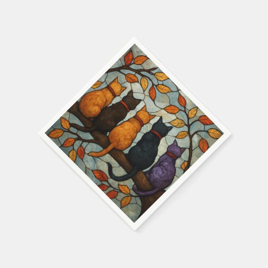 Five Cats on a Tree Branch Stained Glass Style Servet (Hoek)