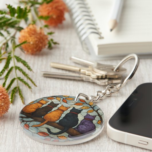 Five Cats on a Tree Branch Stained Glass Style Sleutelhanger (Voorkant Rechts)