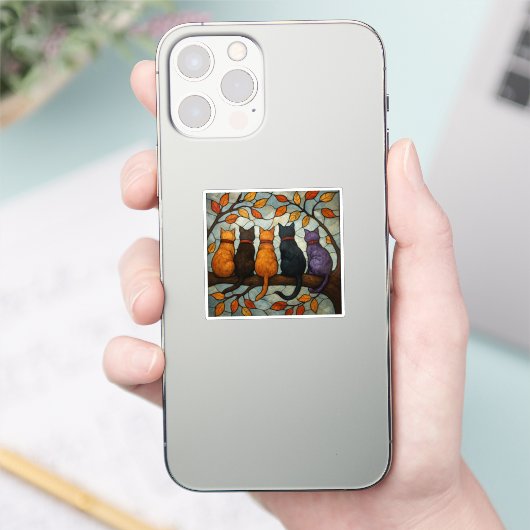 Five Cats on a Tree Branch Stained Glass Style Sticker (Telefoon)