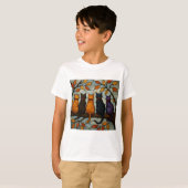 Five Cats on a Tree Branch Stained Glass Style T-shirt (Voorkant volledig)