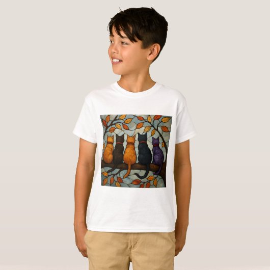Five Cats on a Tree Branch Stained Glass Style T-shirt (Voorkant volledig)
