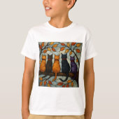 Five Cats on a Tree Branch Stained Glass Style T-shirt (Voorkant)