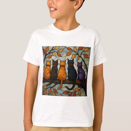 Five Cats on a Tree Branch Stained Glass Style T-shirt (Voorkant)