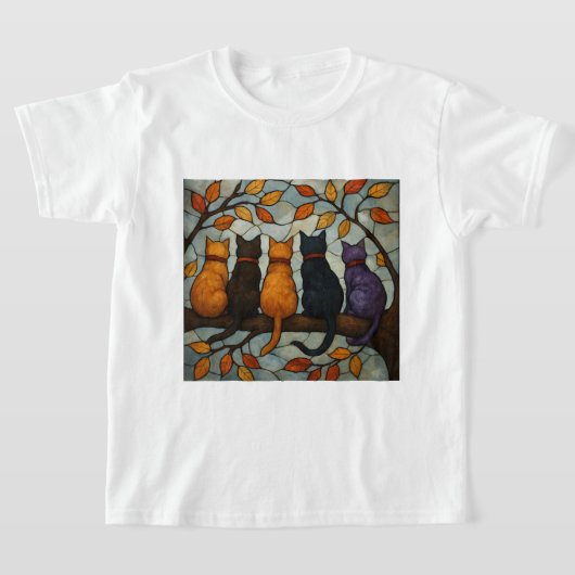 Five Cats on a Tree Branch Stained Glass Style T-shirt (Laagn)