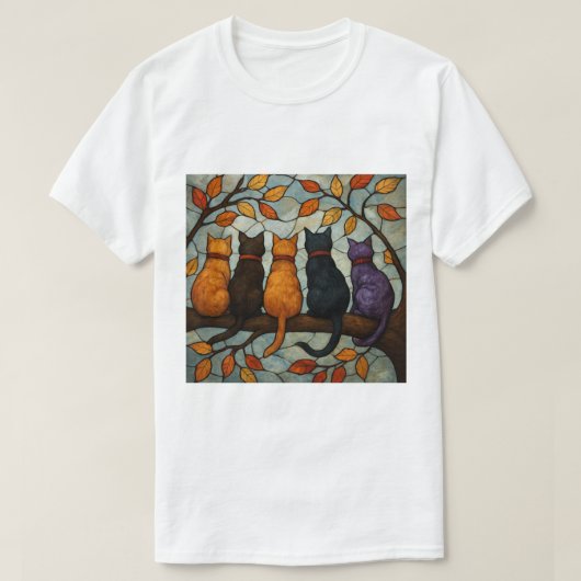 Five Cats on a Tree Branch Stained Glass Style T-shirt (Design voorkant)