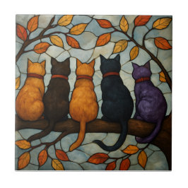 Five Cats on a Tree Branch Stained Glass Style Tegeltje