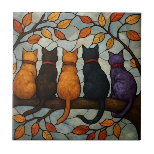 Five Cats on a Tree Branch Stained Glass Style Tegeltje (Voorkant)