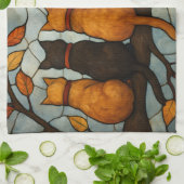 Five Cats on a Tree Branch Stained Glass Style Theedoek (Gevouwen)