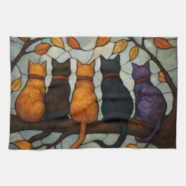 Five Cats on a Tree Branch Stained Glass Style Theedoek