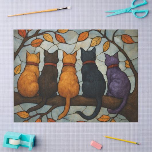 Five Cats on a Tree Branch Stained Glass Style Tissuepapier (Craft)