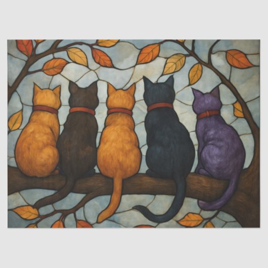 Five Cats on a Tree Branch Stained Glass Style Tissuepapier (Voorkant)
