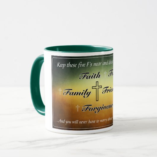 'Five F's' Green 11oz Coffee-Mok Mok (Voorkant links)