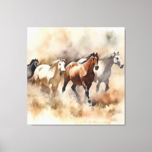 “Five Galloping Mustangs” Stof western aquarel Canvas Afdruk (Voorkant)