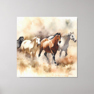 “Five Galloping Mustangs” Stof western aquarel Canvas Afdruk