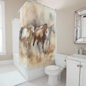 “Five Galloping Mustangs” Stof western aquarel Douchegordijn (In situ)