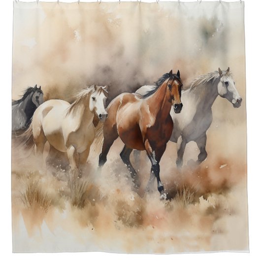 “Five Galloping Mustangs” Stof western aquarel Douchegordijn (Voorkant)