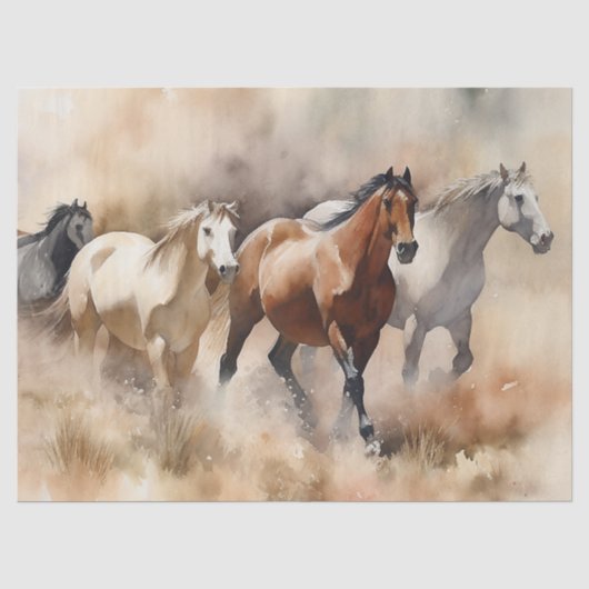 “Five Galloping Mustangs” Stof western aquarel Tissuepapier (Voorkant)