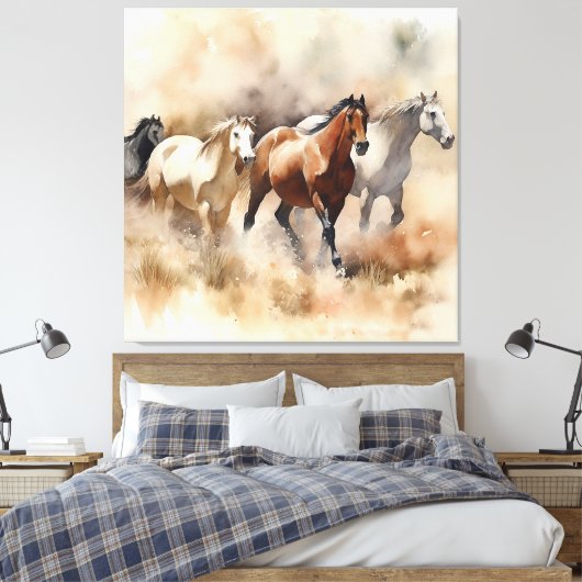 “Five Galloping Mustangs” Stof western waterverfsc Canvas Afdruk (Insitu (Slaapkamer))