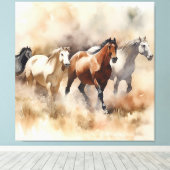 “Five Galloping Mustangs” Stof western waterverfsc Canvas Afdruk (Insitu (Houten vloer))