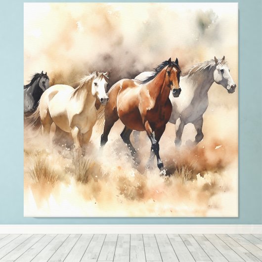 “Five Galloping Mustangs” Stof western waterverfsc Canvas Afdruk (Insitu (Houten vloer))