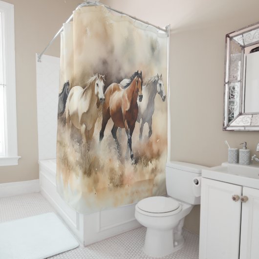 “Five Galloping Mustangs” Stof western waterverfsc Douchegordijn (In situ)