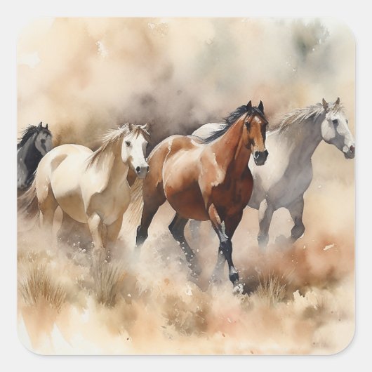 “Five Galloping Mustangs” Stof Westers Waterverf Vierkante Sticker (Voorkant)