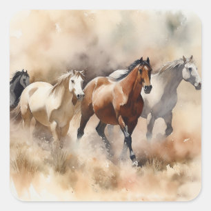 “Five Galloping Mustangs” Stof Westers Waterverf Vierkante Sticker