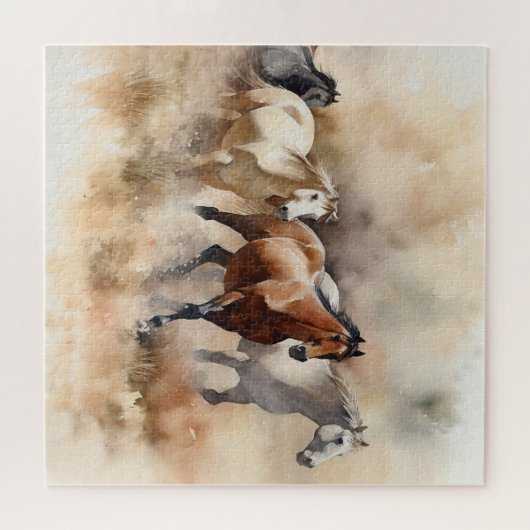 “Five Galloping Mustangs” Stof Westerse Aquarel Legpuzzel (Horizontaal)