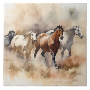 “Five Galloping Mustangs” Stof Westerse Waterverf Tegeltje