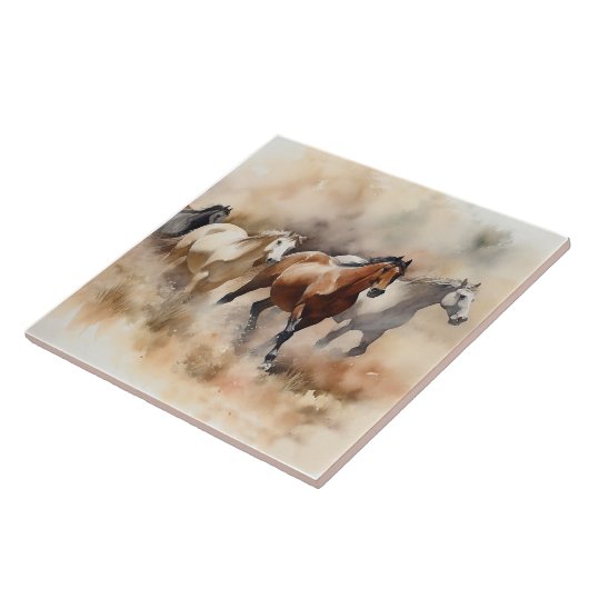 “Five Galloping Mustangs” Stof Westerse Waterverf Tegeltje (Zijkant)