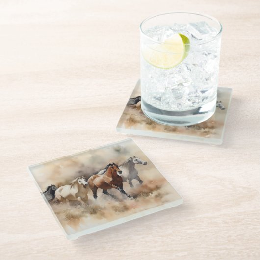 "Five Galloping Mustangs" Stoffige Westerne Waterc Glazen Onderzetter (Schuin)